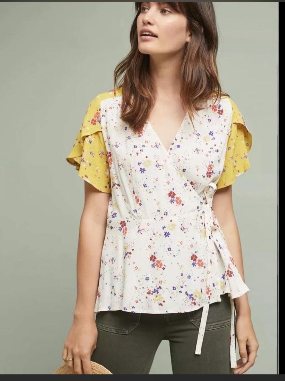 Anthropologie meadow rue Yellow and White Floral Wrap Blouse